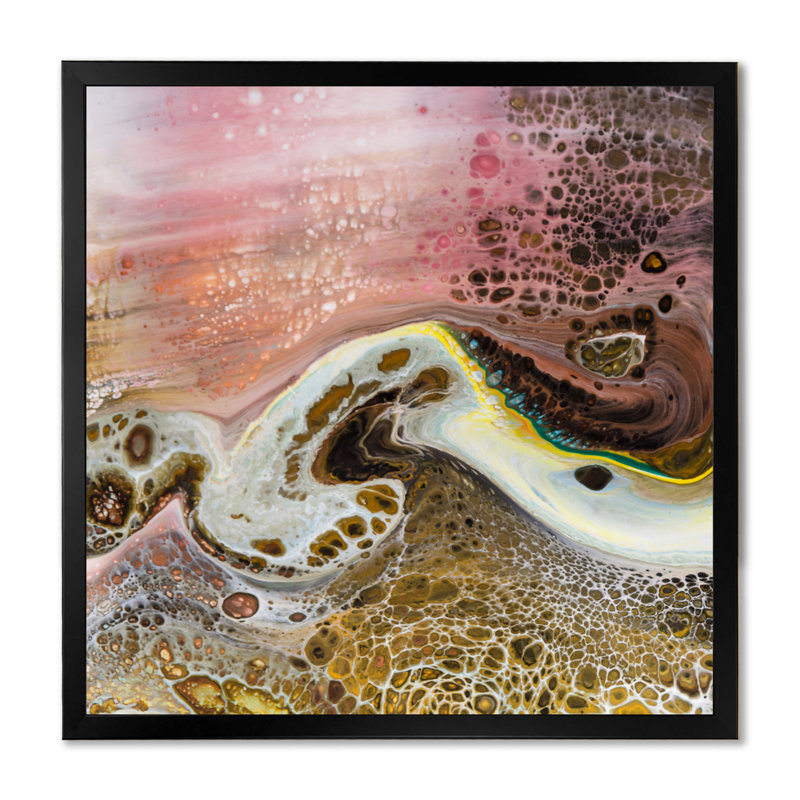 Art liquide blanc avec vagues roses et jaunes - impression sur toile moderne, H 16 po x l 16 po x P 1 po, Cadre photo noir