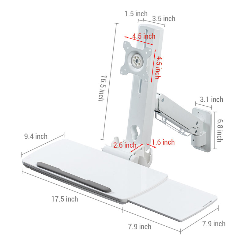 White Swing Arm Computer Mount for Less than 40" Screens with Shelving Holds up to 10kg.