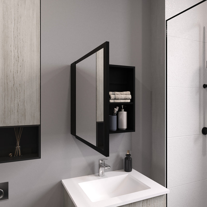 Armoire à miroir H 21,1 po x l 19,7 po pour salle de bain et cuisine en noir, 4 tablettes et porte-serviettes, système de support intérieur
