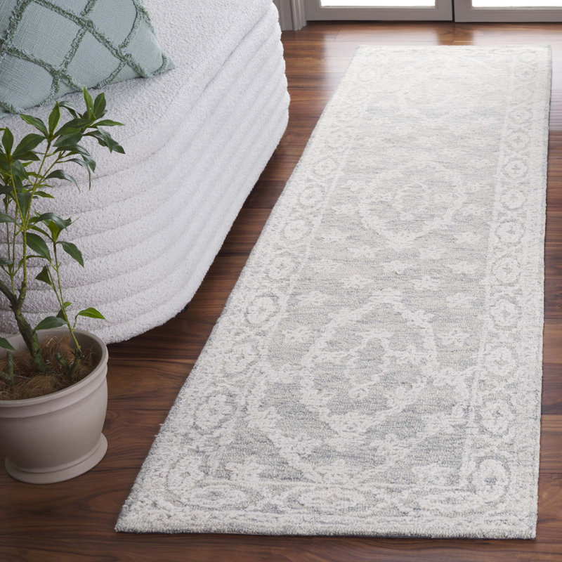 Retalic Ebony Hand Tufted Wool Cotton Floral Rug in Blue/Ivory/Light Blue, Runner 2'3" x 9'