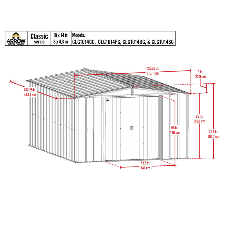  Arrow Classic Steel Storage Shed, Green, 10 ft. W x 14 ft. D