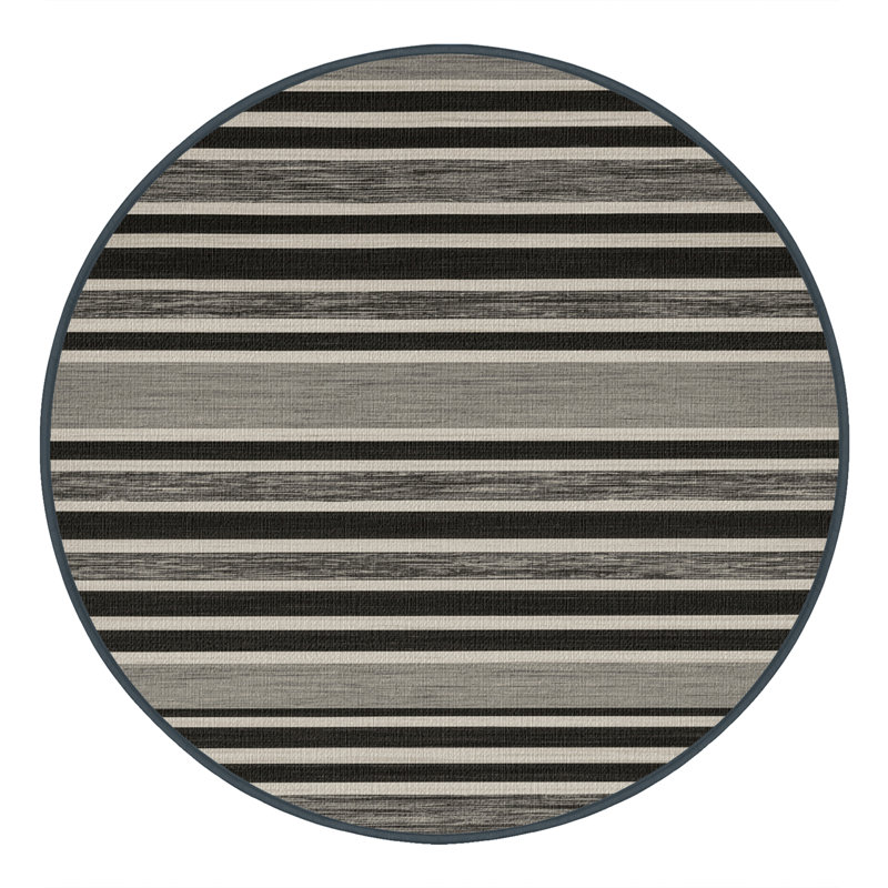 Washable Granite Light Gray Striped Area Rug, Round 5'