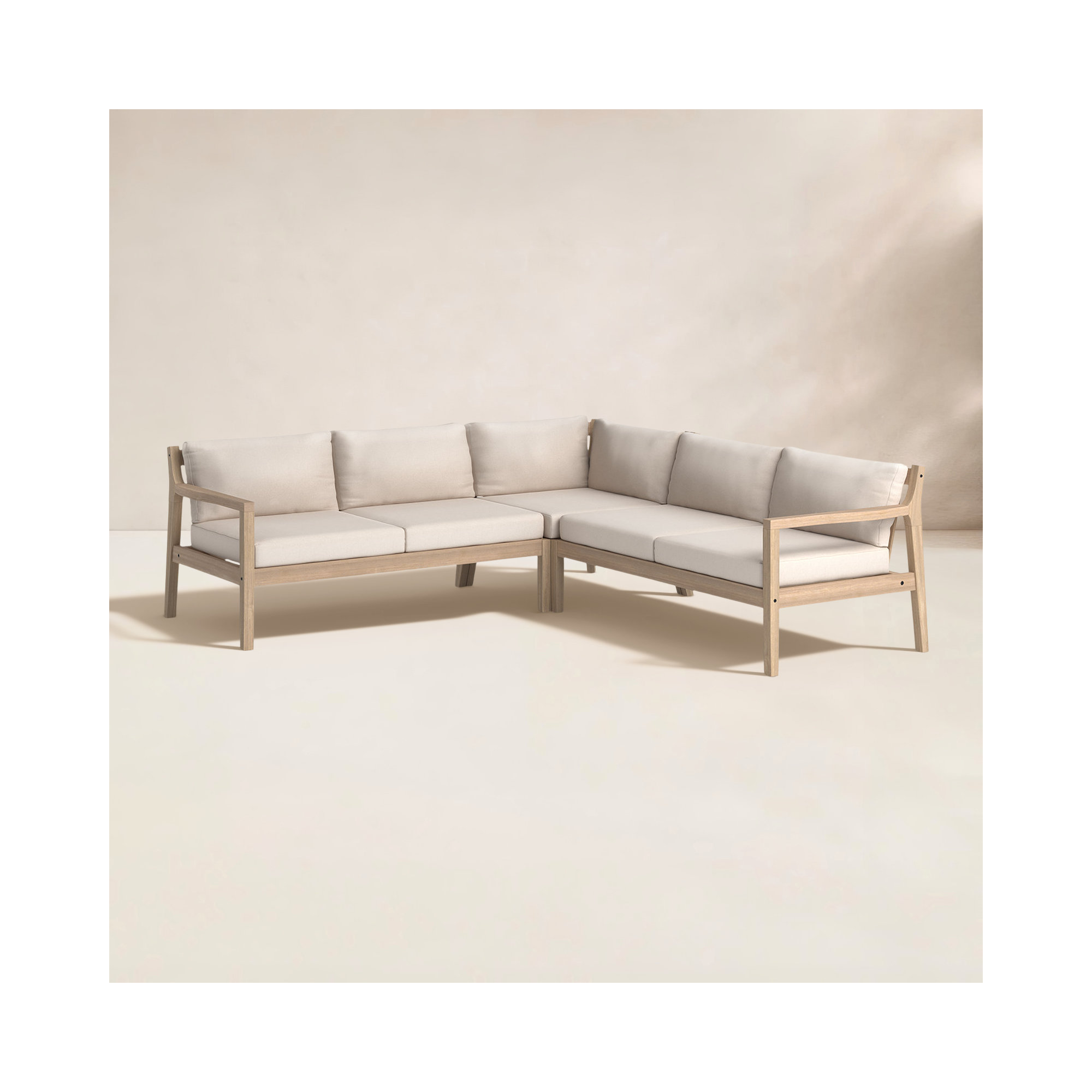 Amina Solid Acacia Wood L-Shaped Outdoor Sectional (3-Piece Set), Antique Beige Sunbrella® Canvas