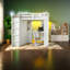 Lit gain de place beige et blanc avec armoire en bois, bureau et design moderne