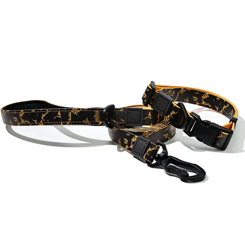 Waterproof Dog Collar & Leash Set – Durable Pvc & Trendy Graffiti Design – For Small/medium/large Dogs, Gold Black