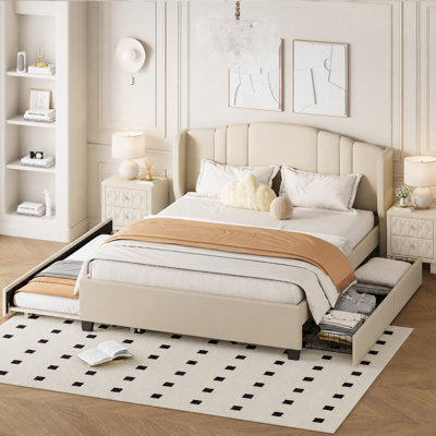 Ensemble de chambre à coucher 3 pièces comprenant un lit plateforme capitonné à oreilles, un lit gigogne simple, 2 tiroirs et 2 tables de chevet