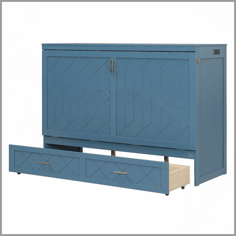 Grand lit escamotable mural avec tiroir et un ensemble de prises et de ports USB, bleu marine, Marine
