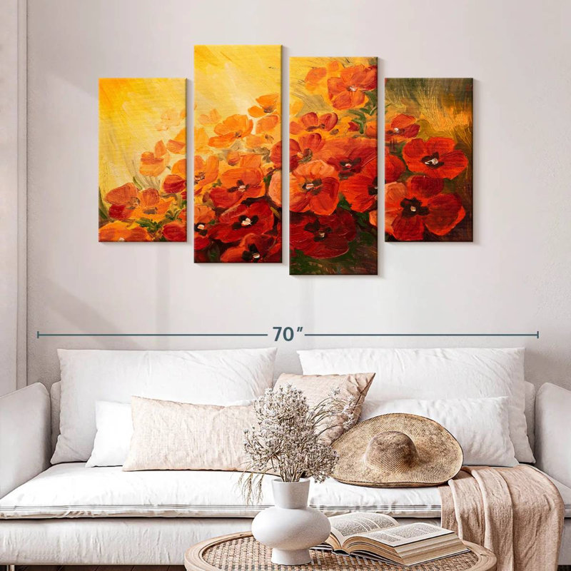 Harnek - coquelicots rouges sur fond jaune, H 32 po x l 52 po