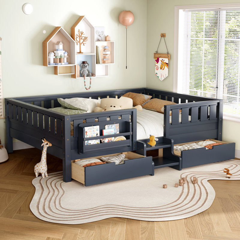 Lit de plancher pour enfants avec tiroirs de rangement et étagères intégrées, Grand lit