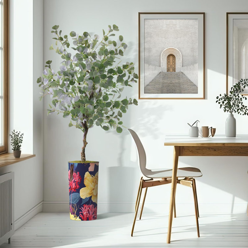 Arbre artificiel dans un pot de fleurs moderne, faux arbre en soie d'eucalyptus (décoration en pot et arbre), Fleur jaune