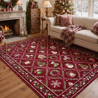 Tapis de salle à manger lavable à poils courts, motif animaux de Noël : cheval à bascule et maison en pain d'épices, rouge et vert