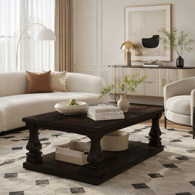 Rectangular Wood Coffee Table with Legs, Square Coffee Table with Open Storage Shelf, Vintage Center Table for Living Room