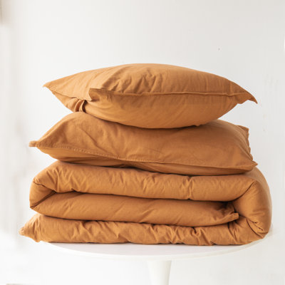Linen Cotton Duvet Cover Set with Hidden Zipper Closure(Full, Rust)