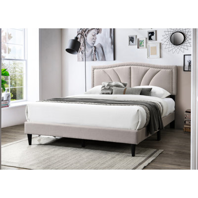 Modern Style Burlap Queen Bed With Strong Headboard And Sloped Curve Brown Upholstered Supportive Slats