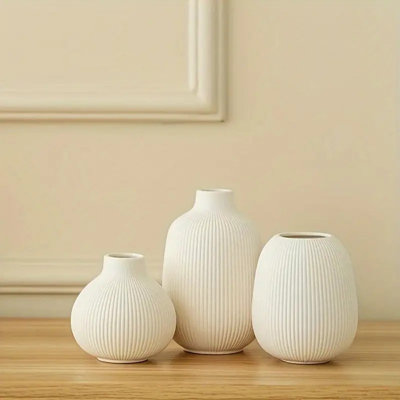 3pcs Minimalist Striped Ceramic Vase Set - Rustic White, Textured Design for Modern Home Decor | Ideal for Dried Flowers & Hydroponics | Cylinder Shape, No Battery Required, Vases Home Decor