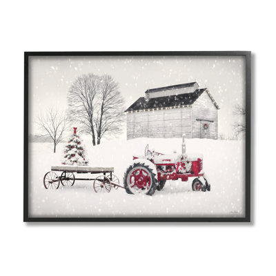 Festive, rouge, Noël, tracteur, Niveous, campagne, averses de neige, encadré noir, art texturé par Lori Deiter