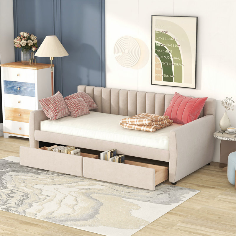 Lit de jour rembourré avec tiroirs, Beige