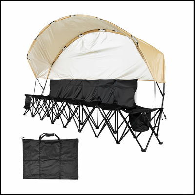 Banc portatif pliant à 6 places avec poches de rangement, porte-gobelets et parasol pour les événements extérieurs, léger et durable