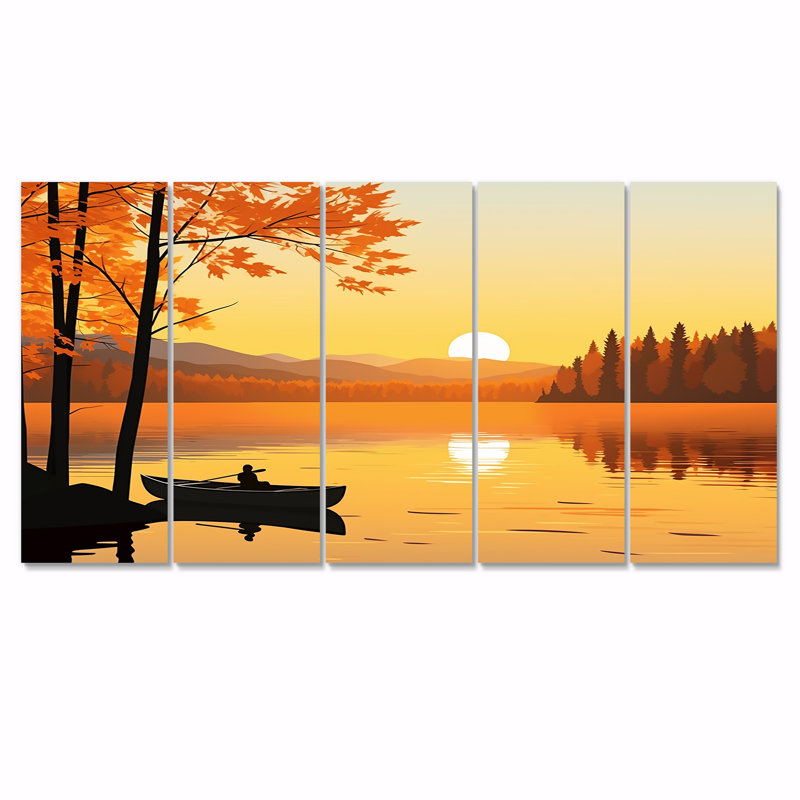 Canot près du lac Sunset - Art mural 5 pièces, H 28 po x l 60 po
