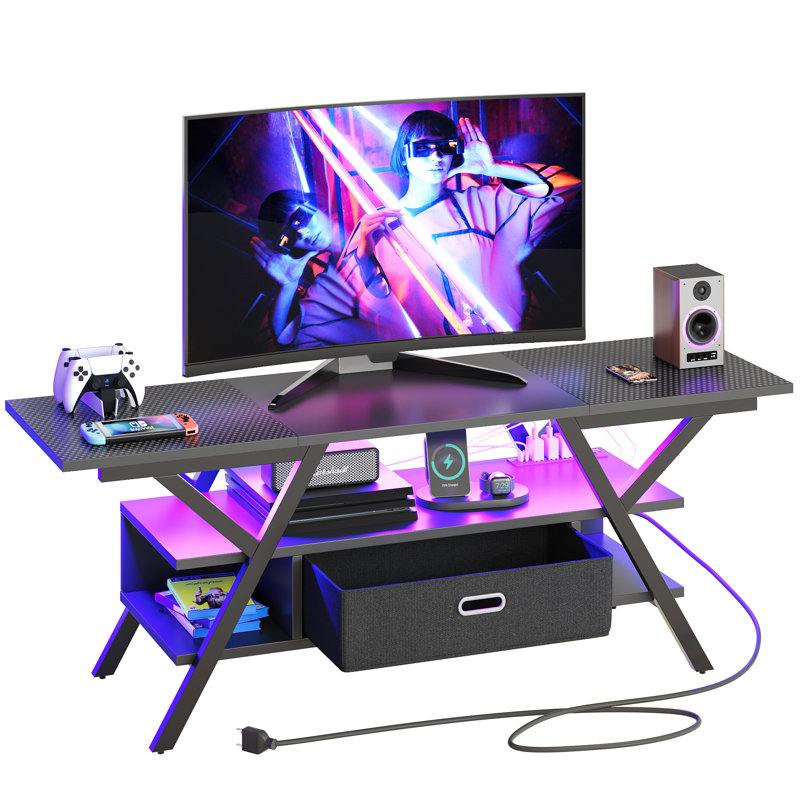 Brisna 55" TV Stand, Modern Entertainment Center with Power Outlets LED and Drawer, Black Carbon Fiber/Black