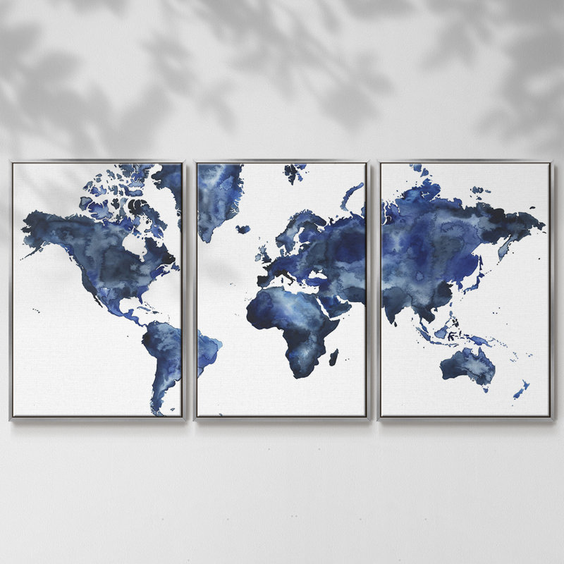 «Water World I», peinture sur toile 3 pièces, H 24 po x l 48 po, Encadrement argenté