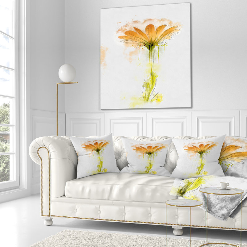 Orange Gerbera croquis aquarelle - coussin imprimé floral, 16 po x 1 po, Coussin décoratif