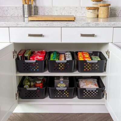 Ensemble de 6 paniers de rangement en plastique noir | Bacs d'organisation polyvalents emboîtables pour garde-manger, comptoirs, placard, buanderie et bureau
