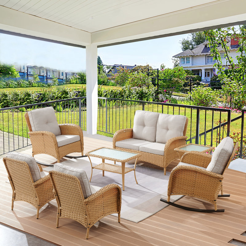 6- Person Outdoor Seating Group with Cushions, Beige, Natural