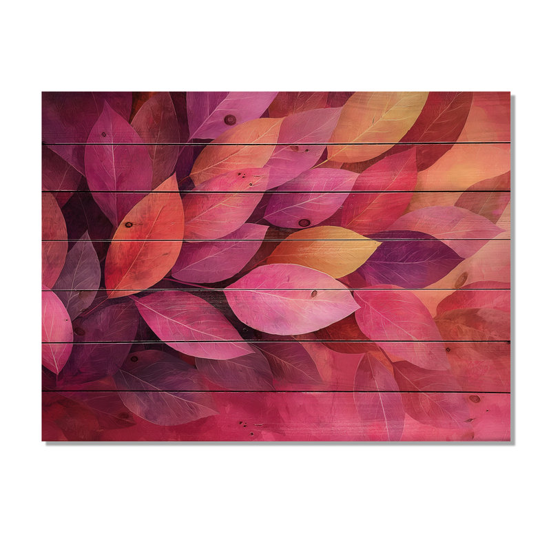 Magenta Leaves Blossom I - Leaves Wood Wall Art - On Natural Pine Wood, 24" H x 32" W