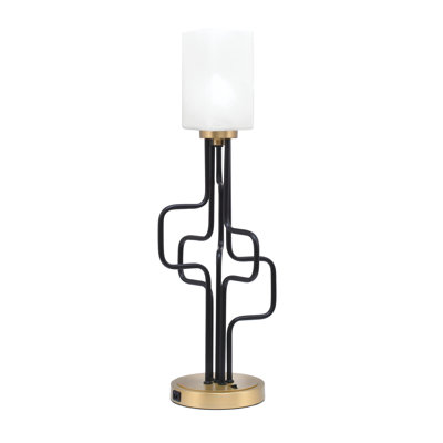 Amarmula Accent Lamp, With USB Ports, Matte Black & New Aged Brass Finish, 3.5" Square White Marble Glass