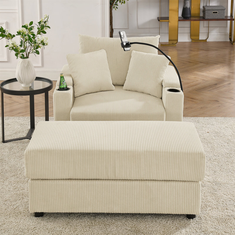 Canapé moderne avec repose-pieds, Velours côtelé beige