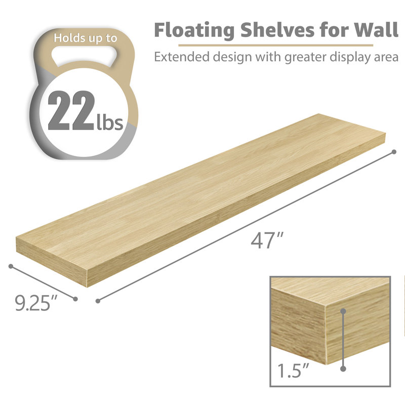 47" Extra-Long Floating Shelves with Invisible Mounting - Set of 2, Maple, Maple, 1.5” H x 47'' L x 9.25'' W