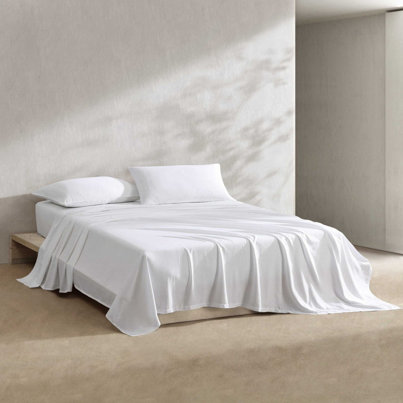 Calvin Klein Printed Sateen Cotton Sheet Set, Queen Sheet Set with 2 Pillowcases, Grid Blue