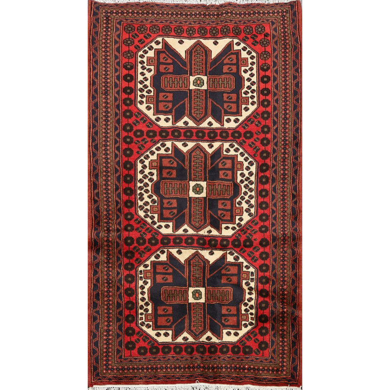 Tapis rouge / ivoire en laine noué à la main de conception unique 3 pi 3 po x 4 pi 11 po Ibraheem