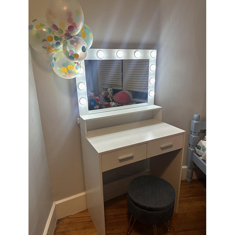 Vanity Desk with Mirror and Lights, Dressing Table with Large Drawer, 2 Level Storage Dresser & 3 Lighting Modes Adjustable Brightness