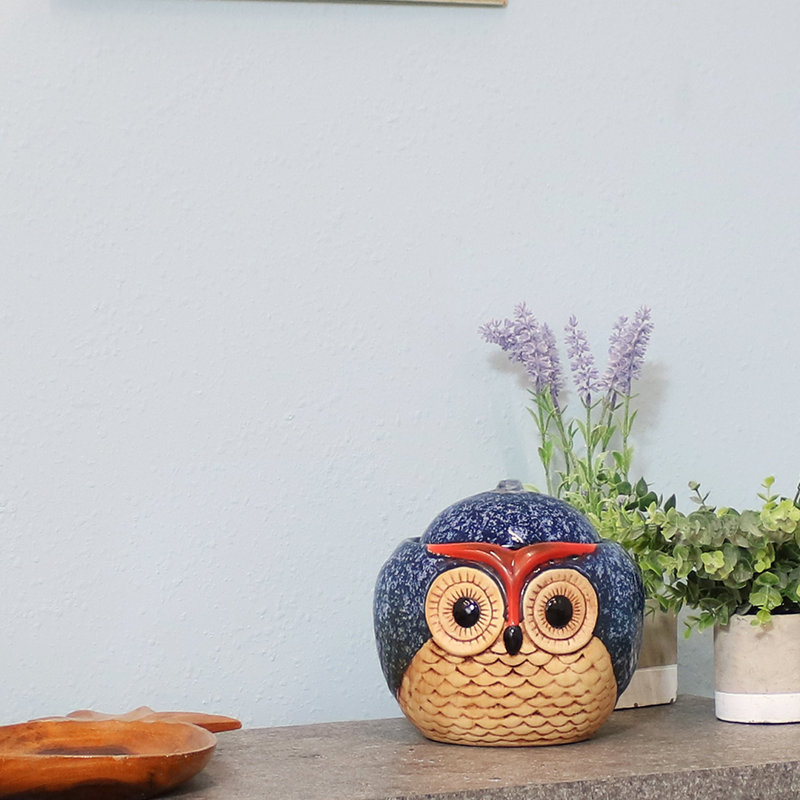 Whimsical Blue and Brown Ceramic Owl Tabletop Fountain