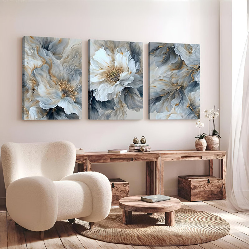 Tableau abstrait floral sur toile tendue (ensemble de 3), H 36 po x l 72 po