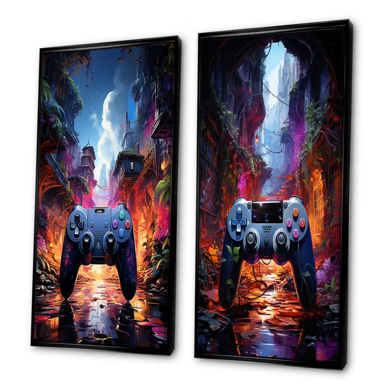 Contrôleur de jeu vidéo Neon Haven I - ensemble de 2 décorations murales de jeux vidéo, Cadre flottant noir