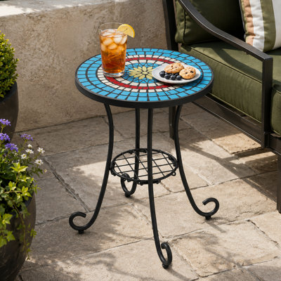Bohemian Mosaic Round Outdoor Side Table with Ceramic Tile Top and Weather Resistant Steel Frame for Patio Porch Balcony Garden and Living Room