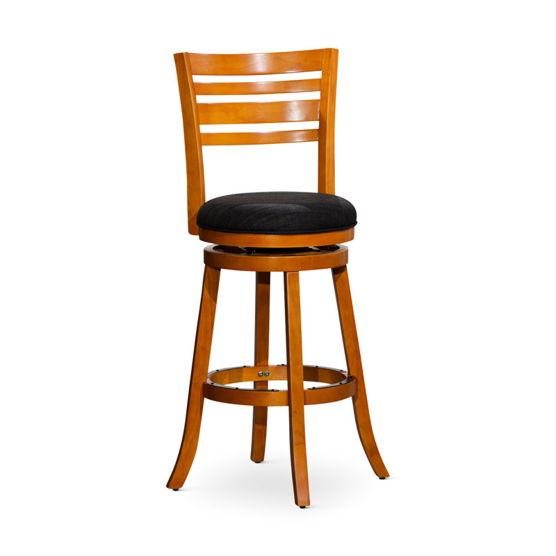 Tabouret de bar naturel de 76 cm avec dossier à lattes, siège en tissu anthracite, élégant pour la cuisine et confortable, fini en bois.