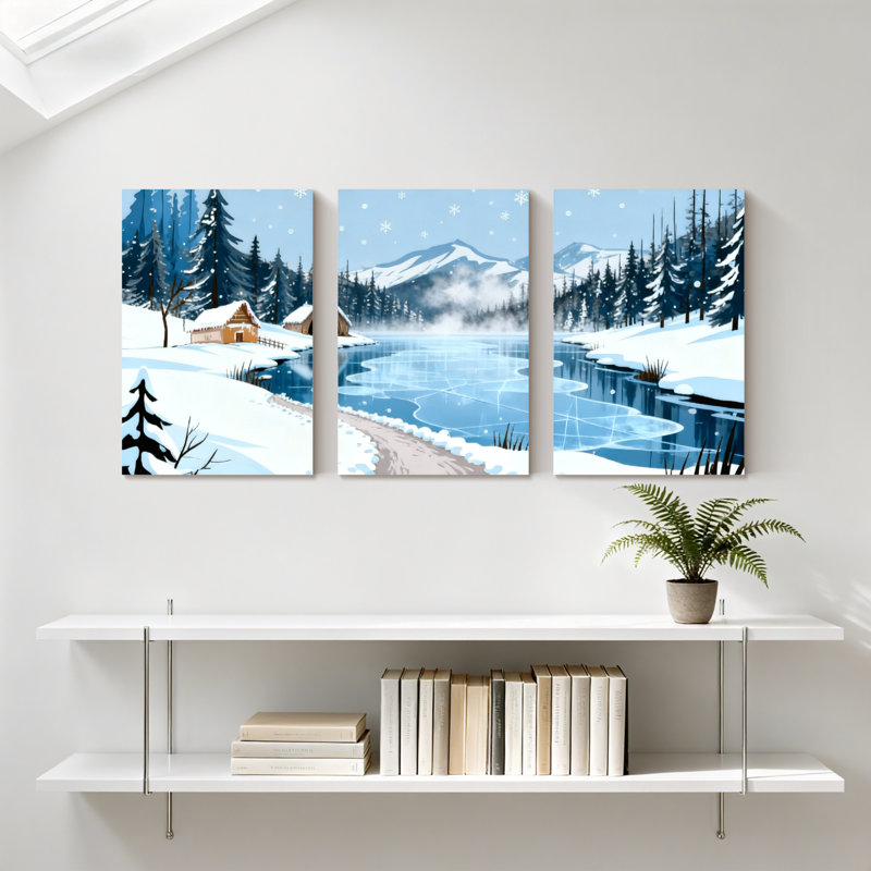 «Winter forest Winter Landscape with Snowy Trees and River», ensemble de 3 impressions sur toile, H 18 po x l 36 po