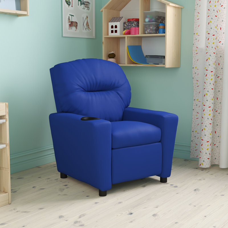 Contemporary Kids Recliner with Cup Holder, Vinyl - Blue