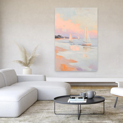 Voiliers pastel au coucher du soleil, plage, art mural contemporain
