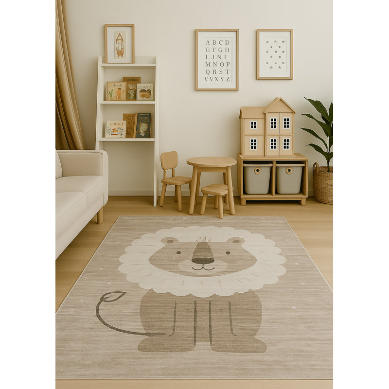 Tapis pour enfant beige / gris Lion de 4 pi x 6 pi (3 pi 11 po x 5 pi 10 po) Lion Branch, Rectangle 3 pi 11 po x 5 pi 10 po
