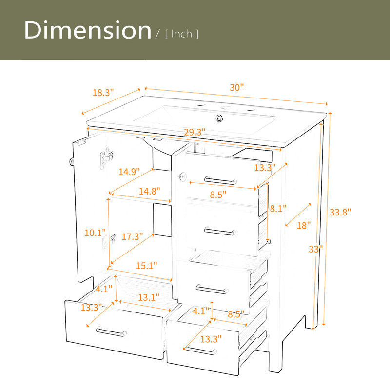 Meuble-lavabo 30 po avec lavabo en céramique et armoire de rangement en bois massif