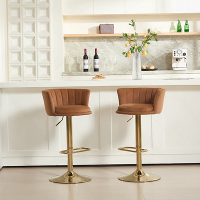 Tabouret de bar d'intérieur rembourré avec structure en métal, finition noyer et tissu beige, ensemble de 2