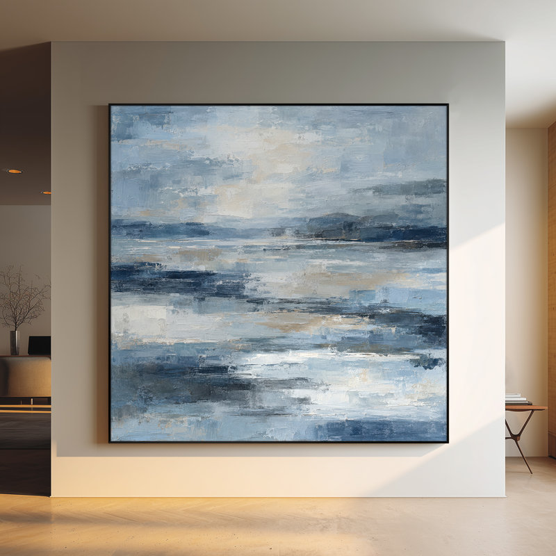 Impression sur tissu grand format - Paysage abstrait de lac bleu et blanc aux tons neutres, idéal pour le salon ou la chambre - « Assemblage du cadre requis (cadre non fini) »