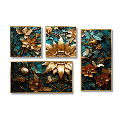 Décoration murale rétro dorée et bleu sarcelle 3D - Or 4 pièces
