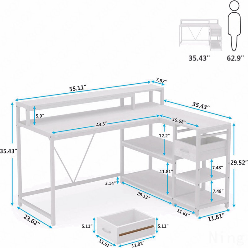 Bureau en L de 55 pouces, bureau d'écriture blanc et blanc avec rehausse de moniteur, tiroirs et tablettes de rangement en forme de L