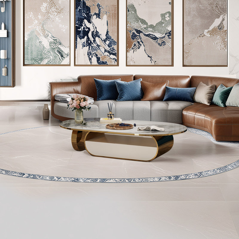Table basse ovale en faux marbre avec tiroir de rangement